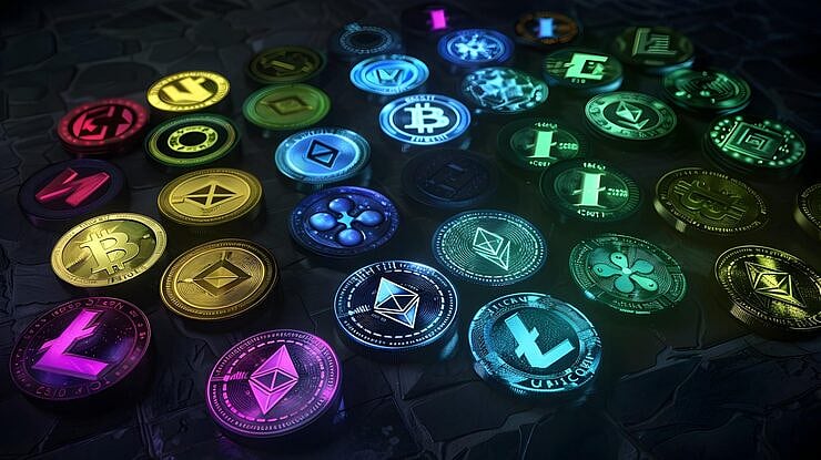 Glow-in-the-dark coins featuring Ethereum, Bitcoin, and other crypto symbols.
