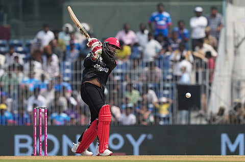 Canada's Yuvraj Samra plays a shot during the ICC T20 World Cup cricket Group D match between Canada and New Zealand in Chennai.