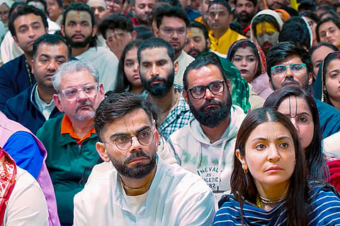 Cricketer Virat Kohli, his wife and actor Anushka Sharma during their visit to Vrindavan, in Mathura.