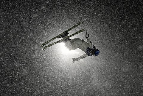 China's Eileen Gu practices before the women's freestyle skiing big air finals at the 2026 Winter Olympics, in Livigno, Italy.