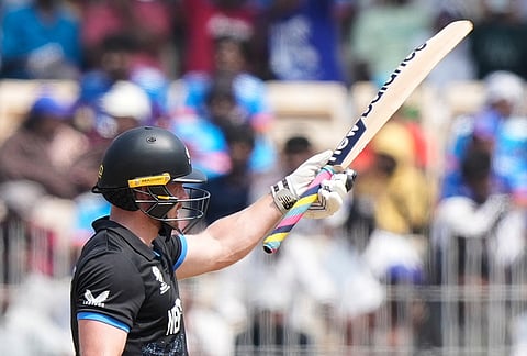 New Zealand's Glenn Phillips celebrates his fifty runs during the T20 World Cup cricket match between Canada and New Zealand in Chennai.