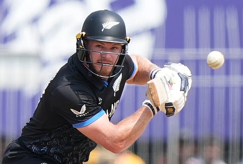 New Zealand's Glenn Phillips plays a shot during the T20 World Cup cricket match between Canada and New Zealand in Chennai.