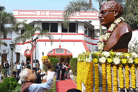 Bihar Chief Minister Nitish Kumar pays tributes to former Bihar chief minister and Bharat Ratna awardee Karpoori Thakur on his death anniversary, in Patna.
