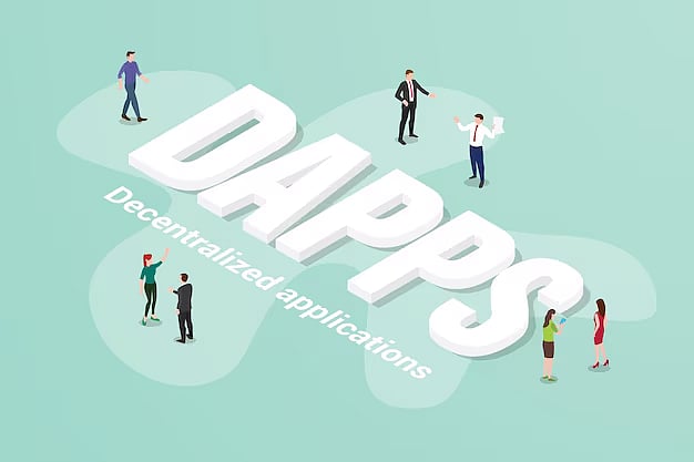 Isometric graphic of the word DAPPS surrounded by small figures of business people.