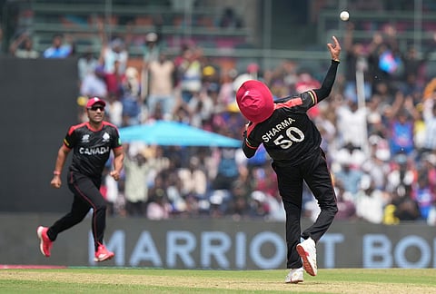 Canada's Shivam Sharma, right, celebrates after taking the catch to dismiss New Zealand's Finn Allen during the T20 World Cup cricket match between Canada and New Zealand in Chennai.