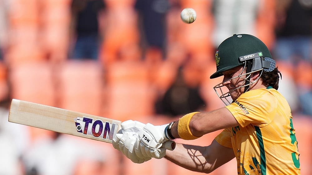 | Photo: AP/Ajit Solanki : South Africa's Dewald Brevis plays a shot at the super over during the T20 World Cup cricket match between Afghanistan and South Africa in Ahmedabad.