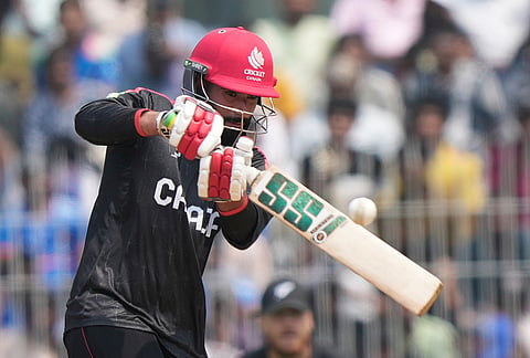 Canada's Yuvraj Samra plays a shot during the T20 World Cup cricket match between Canada and New Zealand in Chennai.