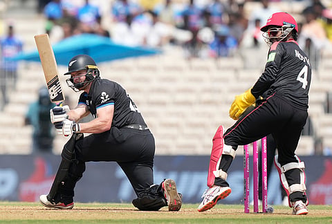 New Zealand's Glenn Phillips plays a shot during the T20 World Cup cricket match between Canada and New Zealand in Chennai.