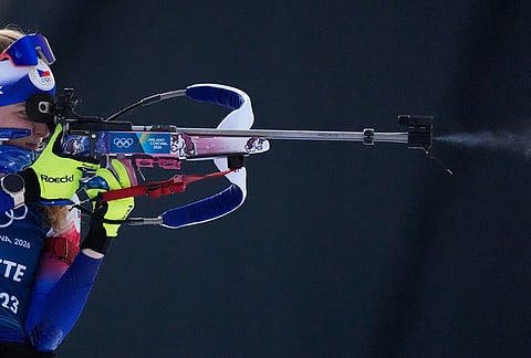Marketa Davidova, of Czechia, participates in a biathlon training session at the 2026 Winter Olympics in Anterselva, Italy.