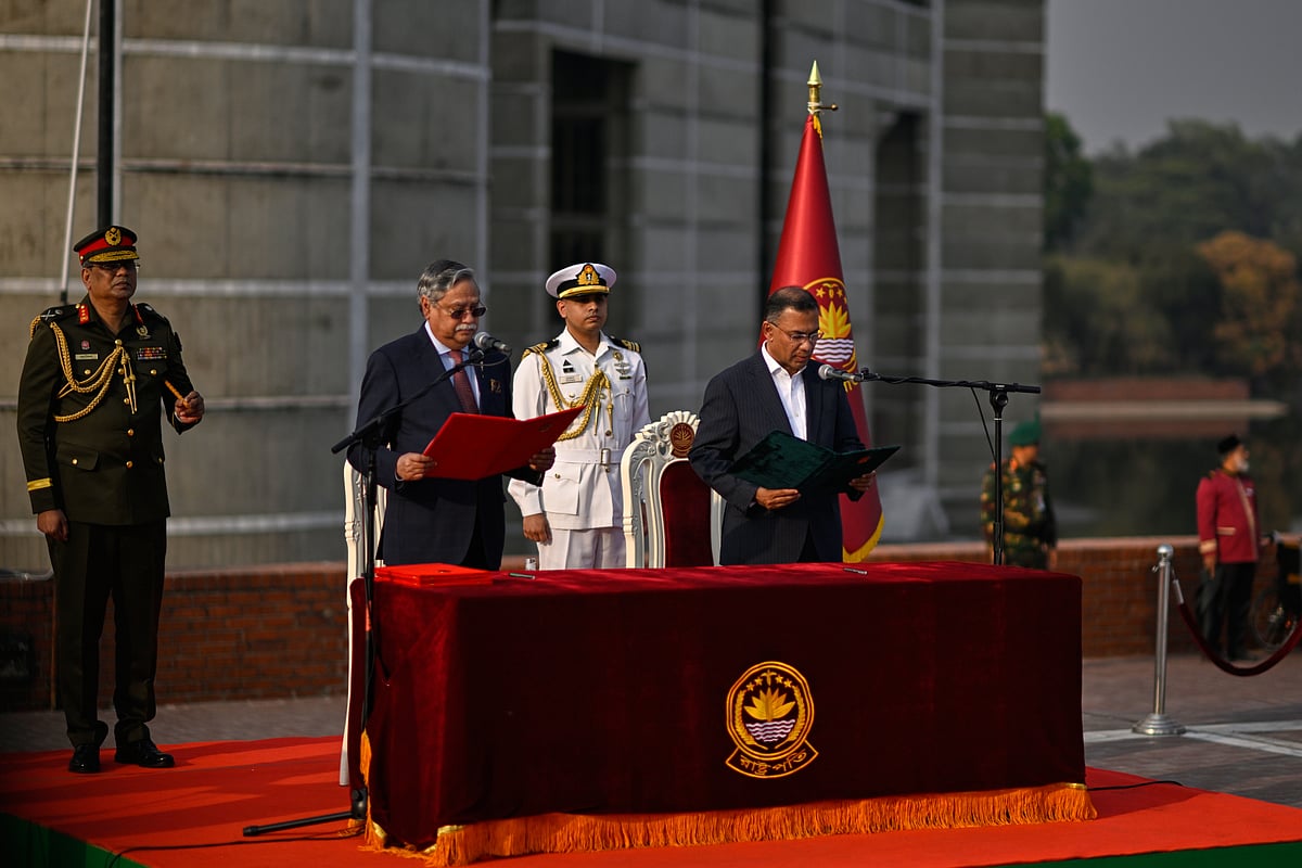 MAHMUD HOSSAIN OPU :  Tarique Rahman, Chairperson of the Bangladesh Nationalist Party, takes oath as Prime Minister of Bangladesh from President Mohammed Shahabuddin during a ceremony at the National Parliament in Dhaka, Bangladesh