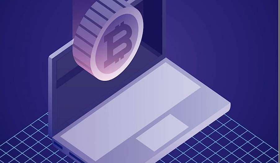 3D illustration of a laptop screen displaying a large Bitcoin coin symbol