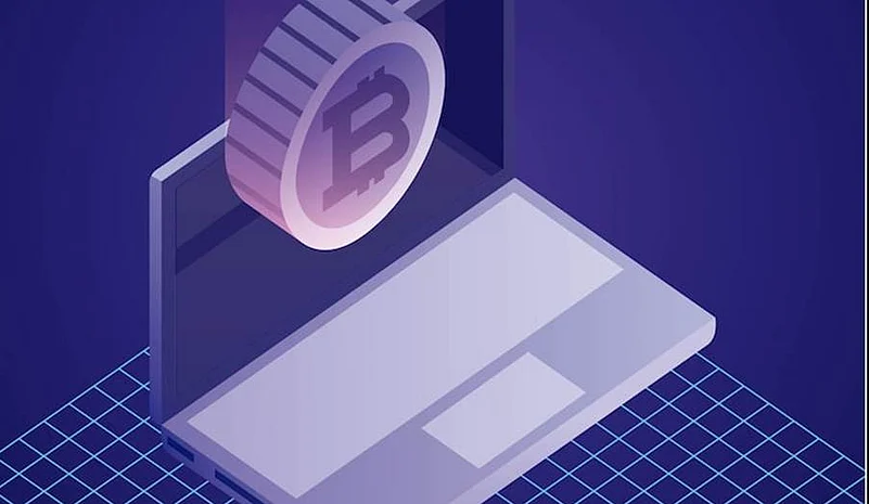 3D illustration of a laptop screen displaying a large Bitcoin coin symbol
