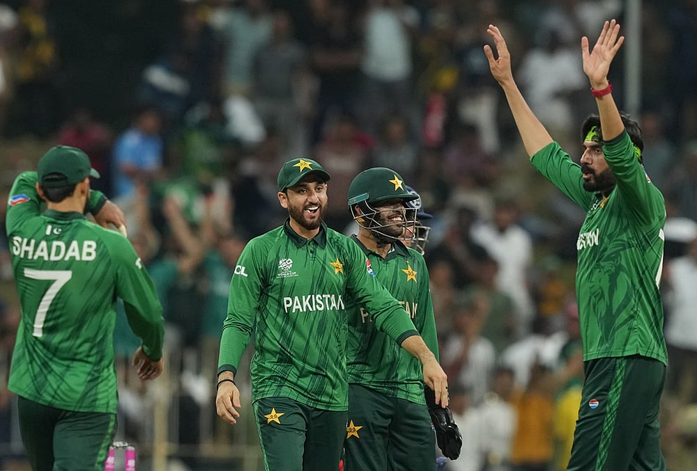 | Photo: AP/Eranga Jayawardena : Pakistan's captain Salman Ali Agha, centre, celebrates with teammates after winning T20 World Cup cricket match against Namibia in Colombo, Sri Lanka.