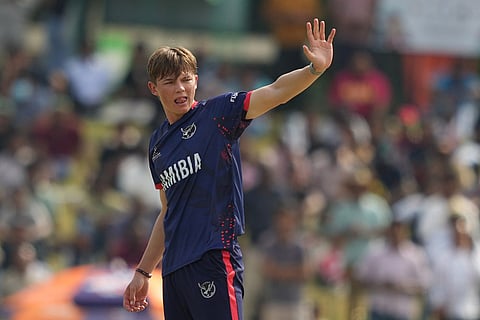 Namibia's Jack Brassell appeals successfully for the wicket of Pakistan's Saim Ayub during the T20 World Cup cricket match between Namibia and Pakistan in Colombo, Sri Lanka.