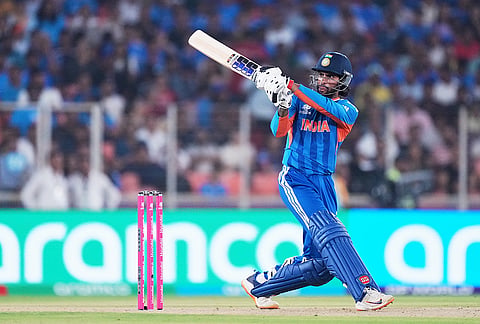 India's Tilak Varma plays a shot during the T20 World Cup cricket match between India and Netherlands in Ahmedabad.