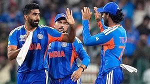 AP : Jasprit Bumrah, left, celebrates with teammates the wicket of Salman Ali Agha during the T20 World Cup match between India and Pakistan in Colombo.
