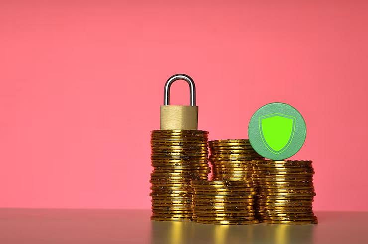 Gold coin stacks with a padlock and a shield icon