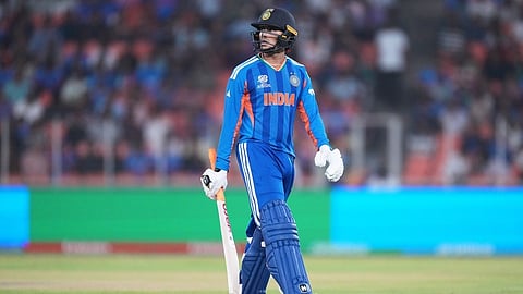 India's Abhishek Sharma reacts as he leaves the ground after losing his wicket to Netherlands' Aryan Dutt during the T20 World Cup cricket match between India and Netherlands in Ahmedabad