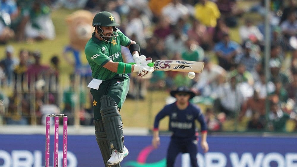 Photo: AP/Eranga Jayawardena : Pakistan's Sahibzada Farhan plays a shot during the T20 World Cup cricket match between Namibia and Pakistan in Colombo, Sri Lanka.