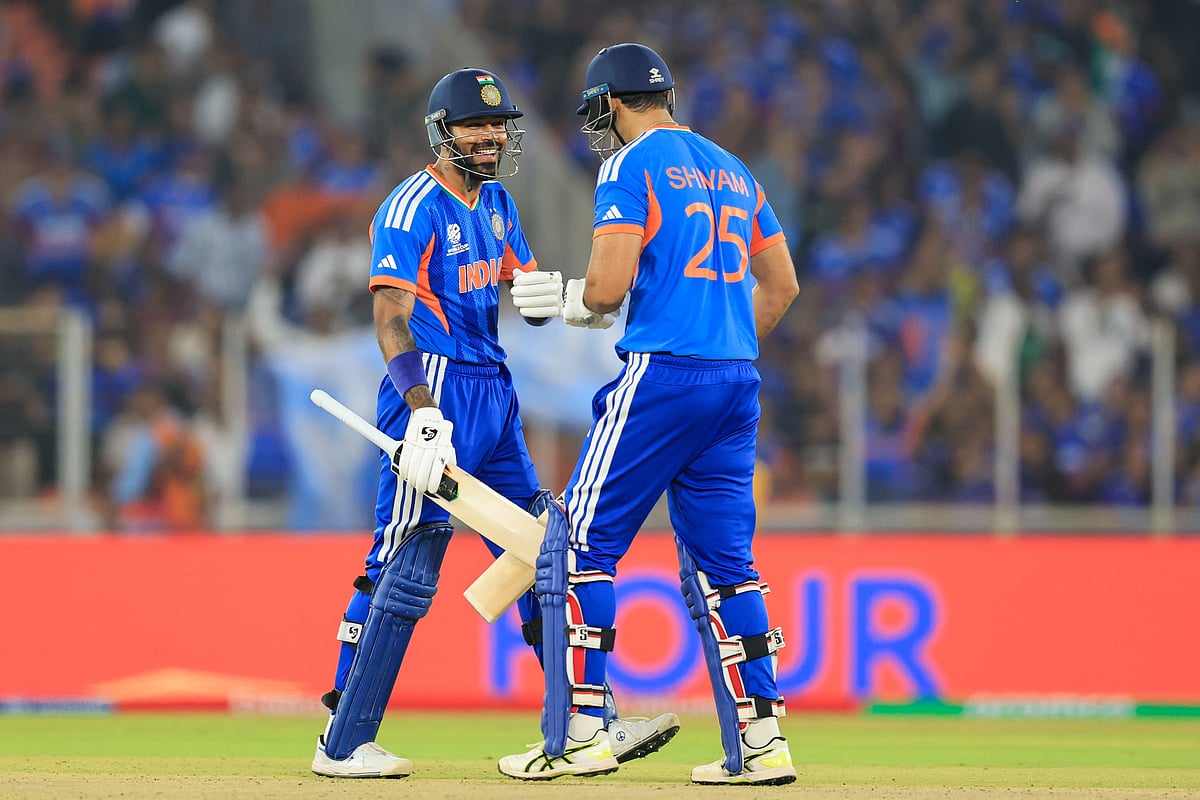 Shivam Dube and Hardik Pandya in action against Netherlands during ICC T20 World Cup 2026 Group A clash at Narendra Modi Stadium in Ahmedabad. 