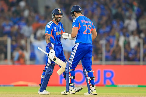 Shivam Dube and Hardik Pandya in action against Netherlands during ICC T20 World Cup 2026 Group A clash at Narendra Modi Stadium in Ahmedabad.