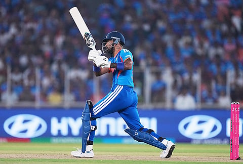 India's Hardik Pandya plays a shot during the T20 World Cup cricket match between India and Netherlands in Ahmedabad.