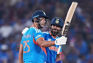 | Photo: AP/Ajit Solanki : India's Shivam Dube, left, celebrates his fifty runs as batting partner Hardik Pandya applauds during the T20 World Cup cricket match between India and Netherlands in Ahmedabad.