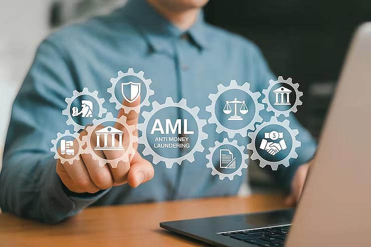 AML gears and icons illustrating anti-money laundering