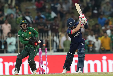 Namibia's Bernard Scholtz bowled out by Pakistan's Usman Tariq during the T20 World Cup cricket match between Namibia and Pakistan in Colombo, Sri Lanka.