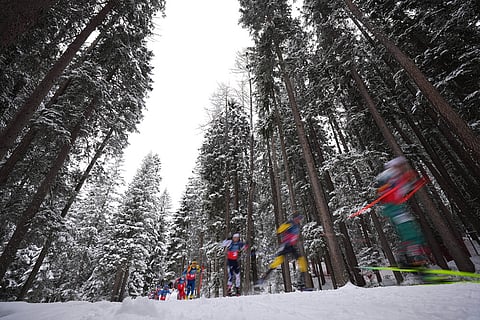 Athletes compete in the men's 4x7.5-kilometer relay biathlon race at the 2026 Winter Olympics in Anterselva, Italy.