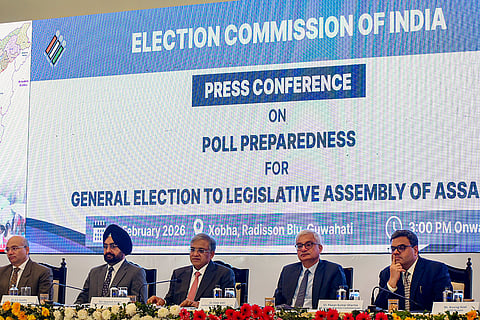 Chief Election Commissioner Gyanesh Kumar with Election Commissioners Sukhbir Singh Sandhu and Vivek Joshi during a press conference on poll preparedness ahead of the Assam Assembly Elections, in Guwahati.