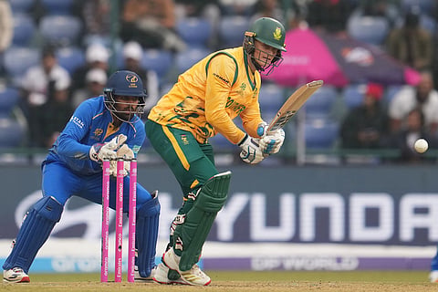 South Africa's Ryan Rickelton plays a shot during the T20 World Cup cricket match between South Africa and United Arab Emirates in New Delhi, India.