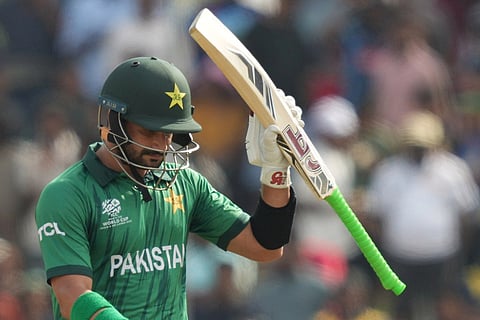 Pakistan's Sahibzada Farhan celebrates his fifty runs during the T20 World Cup cricket match between Namibia and Pakistan in Colombo, Sri Lanka.