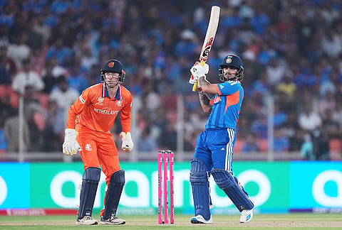 India's Ishan Kishan plays a shot during the T20 World Cup cricket match between India and Netherlands in Ahmedabad.