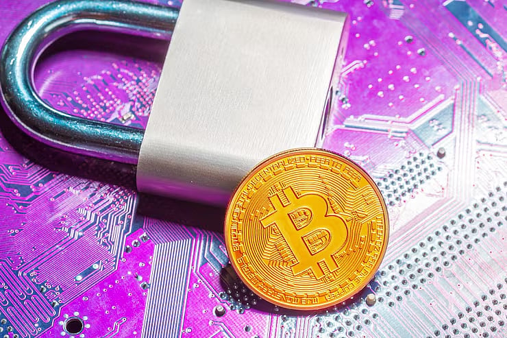 Bitcoin coin and padlock over digital circuit board background