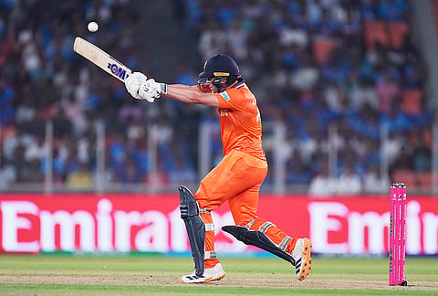 Netherlands' Zach Lion-Cachet plays a shot during the T20 World Cup cricket match between India and Netherlands in Ahmedabad.