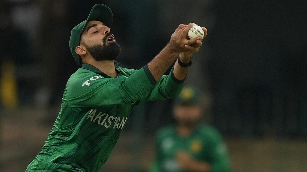AP : Shadab Khan takes the catch to get dismiss Namibia's JJ Smit during the T20 World Cup match between Namibia and Pakistan in Colombo.