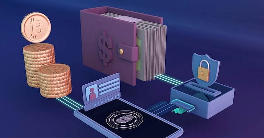 3D graphics of a wallet, digital ID, and crypto coins connected by data lines.