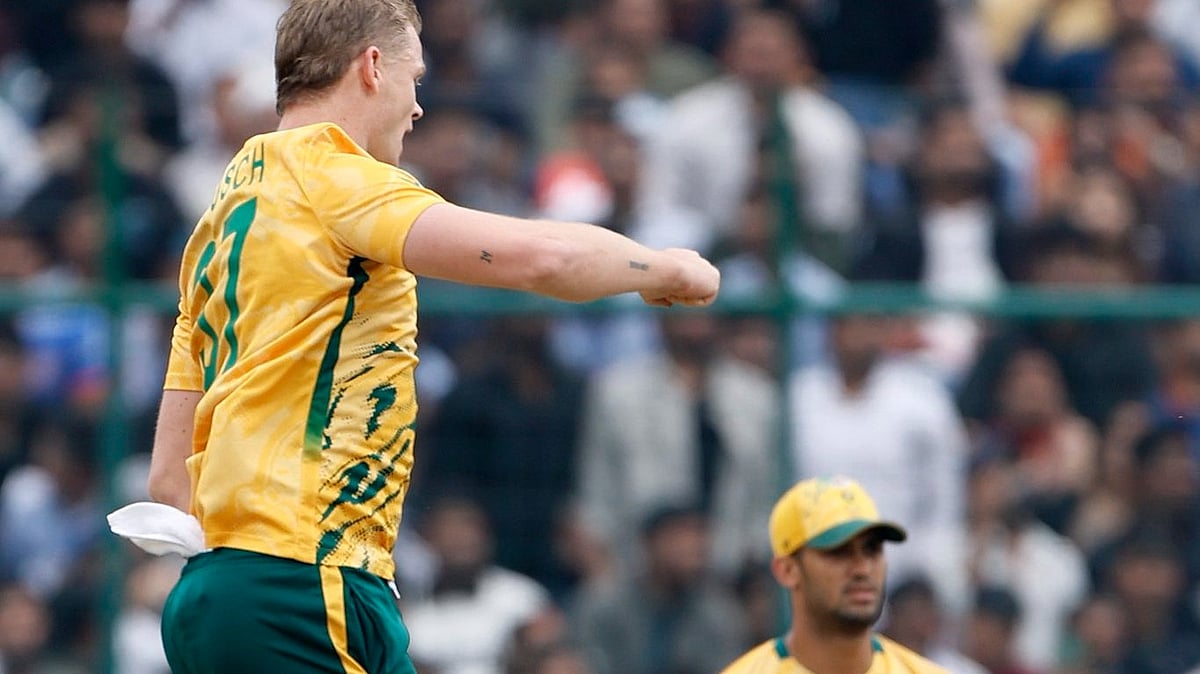 ProteasMenCSA/X : South Africa cricketer Corbin Bosch celebrating after taking a wicket against UAE in Group D clash of ICC T20 World Cup 2026 at the Arun Jaitley Stadium in Delhi. 