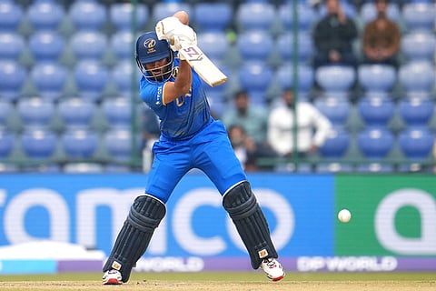 United Arab Emirates' Aryansh Sharma plays a shot during the T20 World Cup cricket match between South Africa and United Arab Emirates in New Delhi, India
