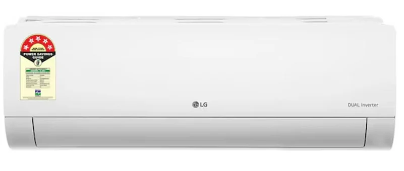 An LG Dual Inverter split air conditioner with a BEE 5-star energy rating sticker