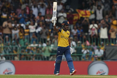 Sri Lanka's Pathum Nissanka celebrates his fifty runs during the T20 World Cup cricket match between Sri Lanka and Zimbabwe in Colombo, Sri Lanka.