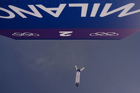 China's Fanyu Kong (2) practices before the women's freestyle skiing aerials qualifications at the 2026 Winter Olympics, in Livigno, Italy.