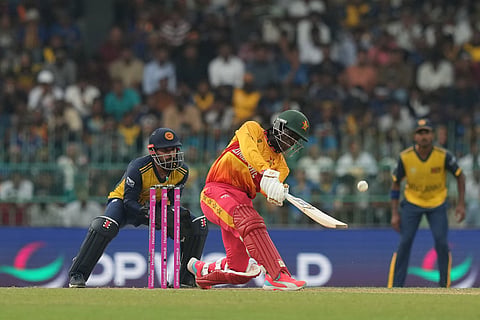 Zimbabwe's Tadiwanashe Marumani plays a shot during the T20 World Cup cricket match between Sri Lanka and Zimbabwe in Colombo, Sri Lanka.