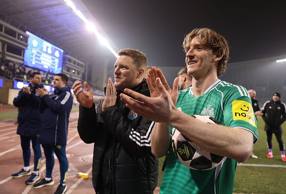 | Photo: AP : Newcastle's Anthony Gordon, right, and his teammates applaud to fans after the Champions League play-off first leg soccer match between Qarabag and Newcastle in Baku, Azerbaijan.