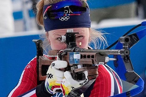 Norway's Karoline Offigstad Knotten shoots during the women's biathlon 4 x 6-kilometers relay race at the 2026 Winter Olympics, in Anterselva, Italy.