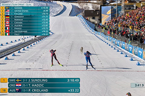 In this image taken from video provided by Olympic Broadcasting Services, OBS, a dog runs onto the track near the finish during the heats of the cross-country skiing women's team sprint free at the 2026 Winter Olympics, in Tesero, Italy.