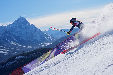 Mikaela Shiffrin competes in the women's slalom race at the 2026 Winter Olympics, in Cortina d'Ampezzo, Italy, Wednesday, Feb. 18, 2026. ()