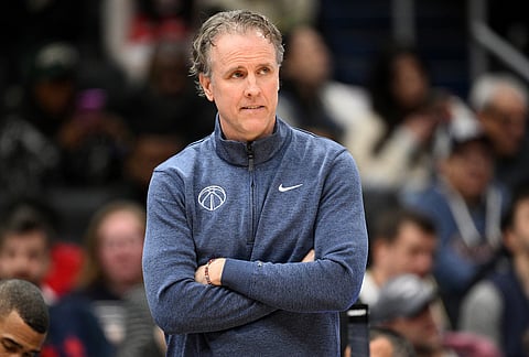 Washington Wizards head coach Brian Keefe looks on during the second half of an NBA basketball game against the Indiana Pacers, in Washington.