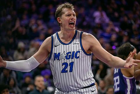 Orlando Magic forward Moritz Wagner (21) reacts to an official's call during the second half of an NBA basketball game against the Sacramento Kings in Sacramento, California.